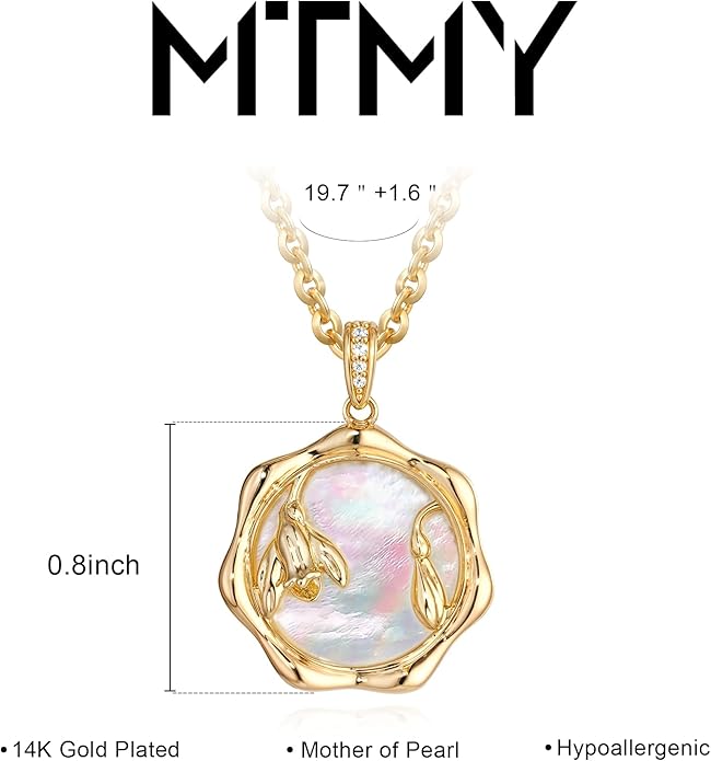 MTMY Birth Flower Necklace 14K Gold Plated Mother of Pearl Disc Birth Month Flower Pendant Necklaces for Women Personalized Custom Floral Jewelry Birthday Gift