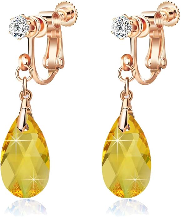 Teardrop Austrian Crystal Drop Clip On Dangle Earrings for Women Non Pierced 14K Rose Gold Plated Hypoallergenic Jewelry