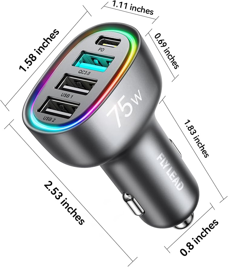 USB C Car Charger Cigarette Lighter Adapter 75W 4-Port Fast Car Charger Fast Charging Compatible with iPhone16/15/14/13 Series