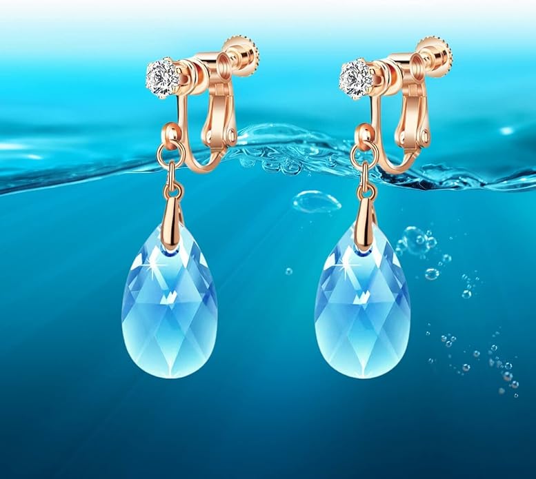 Teardrop Austrian Crystal Drop Clip On Dangle Earrings for Women Non Pierced 14K Rose Gold Plated Hypoallergenic Jewelry