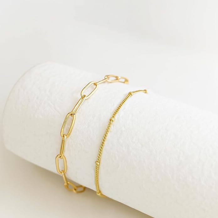 My Queen Gold Bracelets for Women 14K Gold Plated Dainty Stackable Hand Chain Bracelet Trendy Ring Chain Bangle Cuff Bracelets Adjustable Body Jewelry Set Gifts
