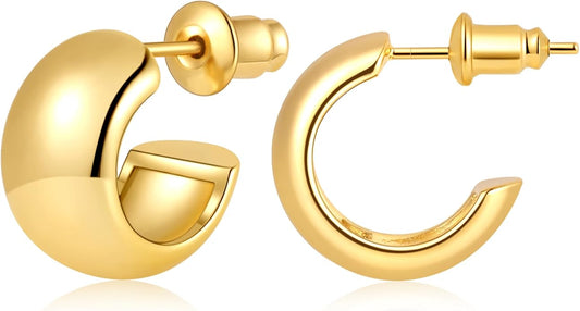 Gamicy Small 14K Gold Plated Hoop Earrings for Women with 925 Stering Silver Post, 14K Real Gold Plated Chunky Lightweight Hoops Earrings