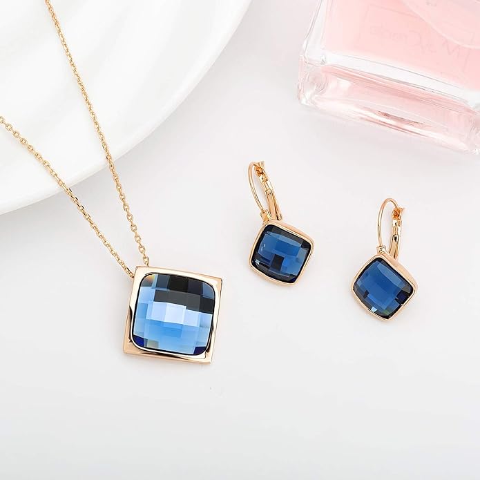 EVEVIC Square Austrian Crystal Necklace Earrings for Women Fashion 18K Gold Plated Hypoallergenic Jewelry Set