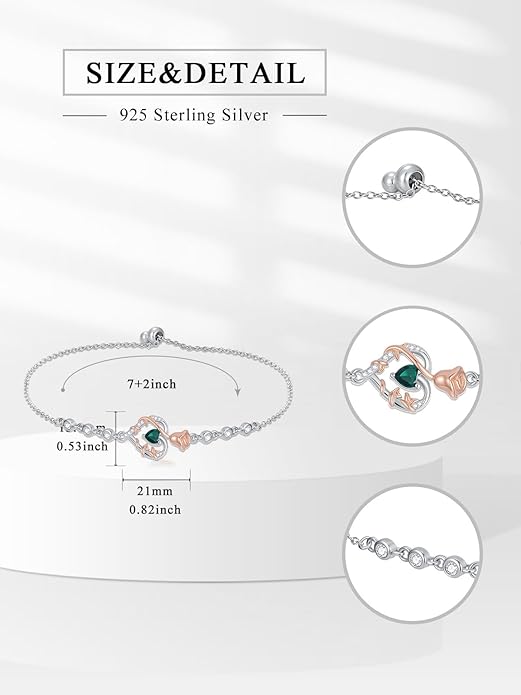 Birthstone Charm Link Bracelet 925 Sterling Silver Rose/Heart/Mom Bracelet with 12 Months Birthstone Mother's Day Gift Jewelry Gifts for Women,Chain Length 7"+2" Extend