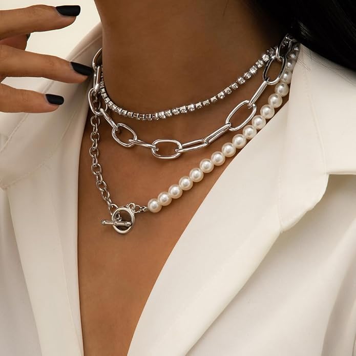 Women Multilayer Silver Gold Dainty Pearls Layered Choker Necklaces Handmade Beads Fashion Chunky Pendant Multilayer Adjustable Layering Chain Gold Plated Necklaces Set for Women