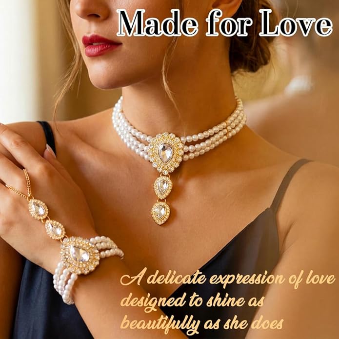 Brishow Pearl Choker Necklaces Set Green Crystal Bridal Jewelry Sets for Wedding Layered Pearl Costume Jewelry Bracelets Set for Women