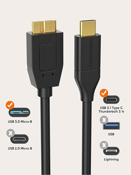 CableCreation 1FT*2 USB C to Micro B Cable,10Gbps Speed External Hard Drive Braided,USB 3.1 Type C to Micro B Work for iPhone 15/16,Seagate WD Westgate My Passport,MacBook Pro,iPad/Tablet,Black