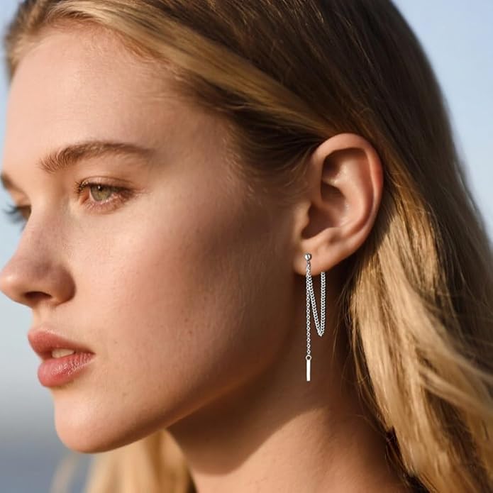SLUYNZ Solid 925 Sterling Silver Bar Dangle Earrings for Women Minimalist Dangle Earrings Threader Chain