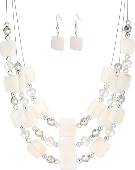 Layered Beaded Statement Necklaces for Women Square Shell Bead Collar Necklace and Earring Set Birthday Gifts Boho Jewelry Sets for Women