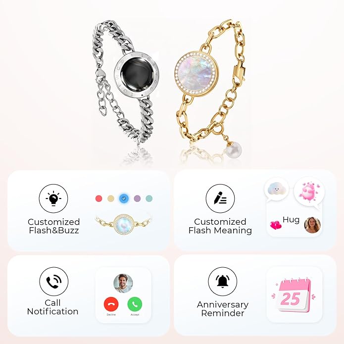 TOTWOO Long Distance Touch Bracelets for Couples, Smart Light & Vibration Love Jewelry, Long Distance Valentines Day Gifts for Him Her Women Men, One-to-One Bluetooth Pairing via App