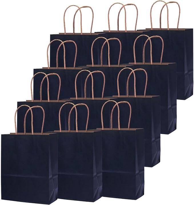 qiqee Large Kraft Paper Bags with Handles 13"x10"x5" 32 pcs Gift Paper Bag Navy Blue Solid Color Bags（Large Size）