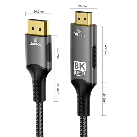 FDBRO 8K DisplayPort to HDMI Cable Active 8K@60Hz 4K@120Hz 32.4Gbps, Uni-Directional, DP 1.4 to HDMI 2.1 Cord Support HDR/HDCP 2.2/DSC 1.2 for Gaming Monitor, TV, PC (Gray & Black, 1M (3.3FT))