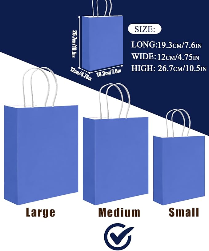 qiqee 30PCS Medium Gift Bag with Handles Bulk 11"x5"x8" Gift Bags 6 Different Blue Color Bags Multiple Uses (Medium Size)