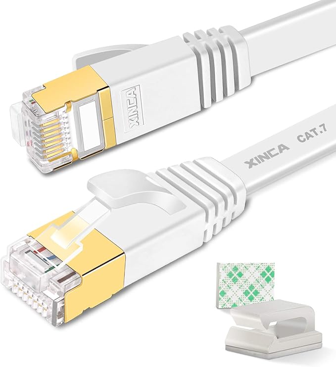Cat 7 Flat Ethernet Cable 50ft White, High Speed 10GB Shielded (STP) LAN Internet Network Cable Ethernet Patch Computer Cable with Rj45 Connectors and 25pcs Adhesive Cable Clips