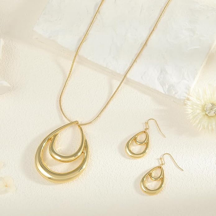 Madison Tyler Gold Plated Jewelry Set for Women | Silver Teardrop Pendant Necklace Trendy | Long Necklace with Snake Chain | Fashion Dangle Earring Set