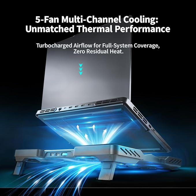 IMMOENUC Laptop Cooling Pad with 5 Fans & Peltier Device Ultra-Quiet Semiconductor Panel Cooler Stand, Adjustable Speed + Stand for 13-19 Inch Laptops (MacBook/Dell/HP) Fast Cooling Notebook