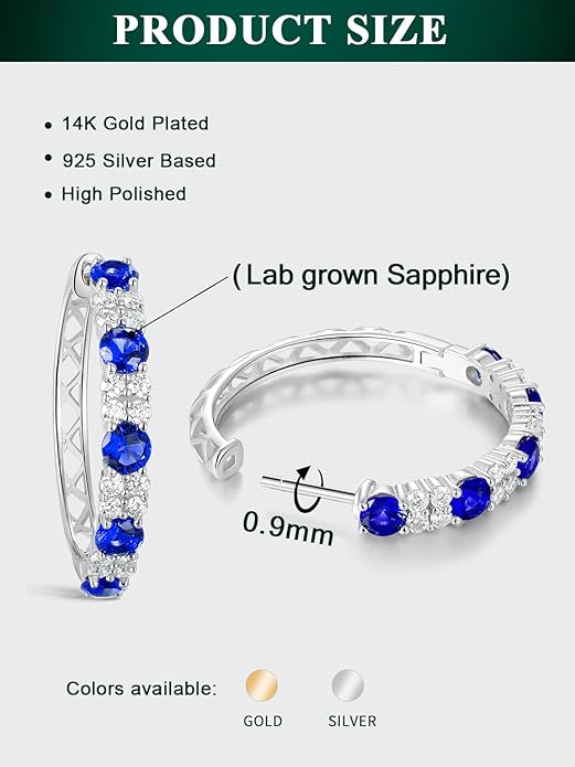 Women's Huggie Hoops with Birthstone 925 Sterling Silver Huggie Stud Hypoallergenic 14K Gold Plated Moissanite Earrings -Emerald Sapphire Ruby Hoop Earrings, Size 20 25mm