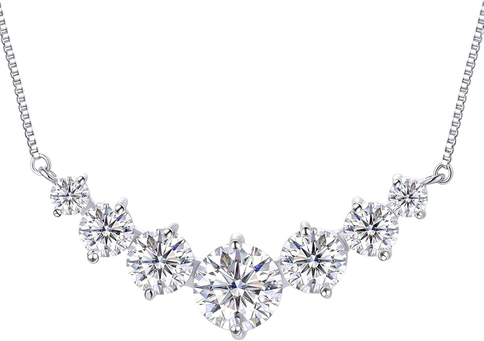 TUHE 7 Stones Moissanite Necklace for Women, 1.7-5.0 Carat Smile Moissanite Pendant Necklace 18k Gold Plated Sterling Silver 16.5+2.5 inch Box Chain Tennis Necklaces with Certificate of Authenticity