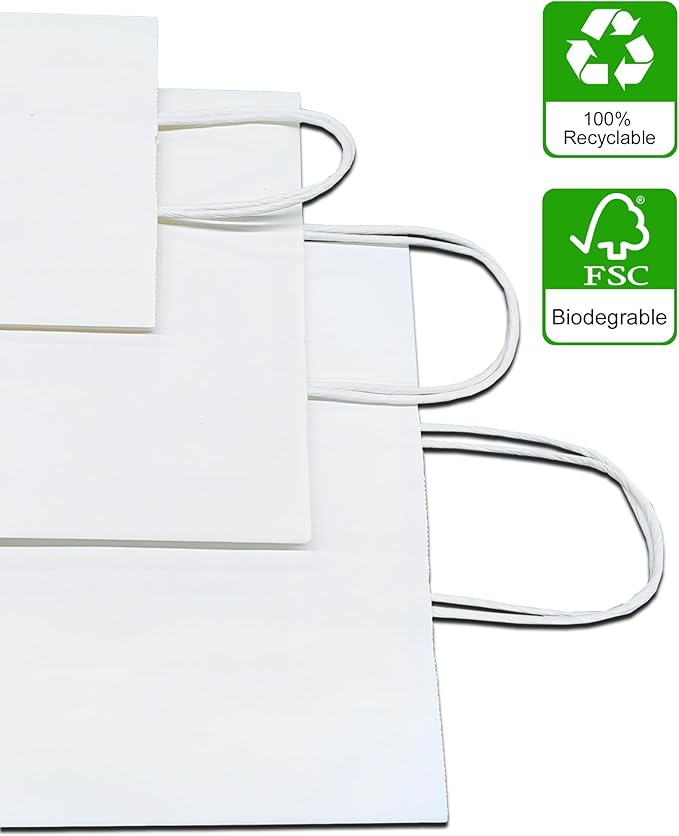 BAG BOX 25 Pack 8.25x4.3x10.6 Inch White Gift Bags with Handles,Bulk Kraft Paper Bags for Shopping, Retail, Merchandise, Wedding, Party Favors, Paper Grocery Sacks