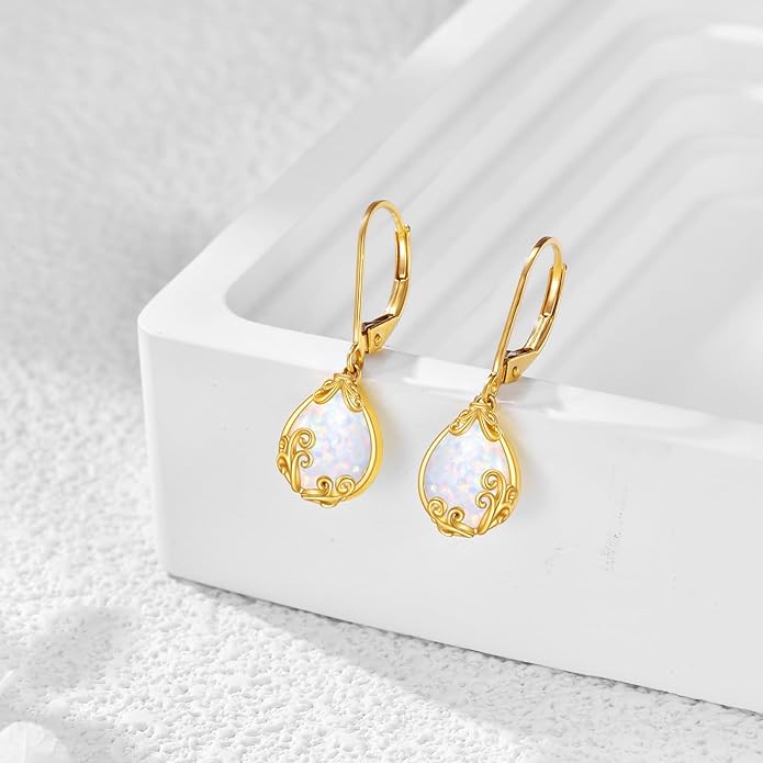 DOVRAN 10K 14K Solid Gold Leverback Earrings for Women Real Yellow Gold Filigree Dangle Earrings Trendy Jewelry Birthday Christmas Gifts for Wife Mom