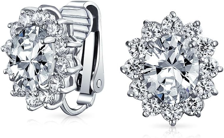 Traditional Classic Bridal Simulated Gemstones Cubic Zirconia AAA CZ Halo Crown Oval Stud Clip On Earrings For Women Wedding Non Pierced Ears Rose Gold Silver Plated