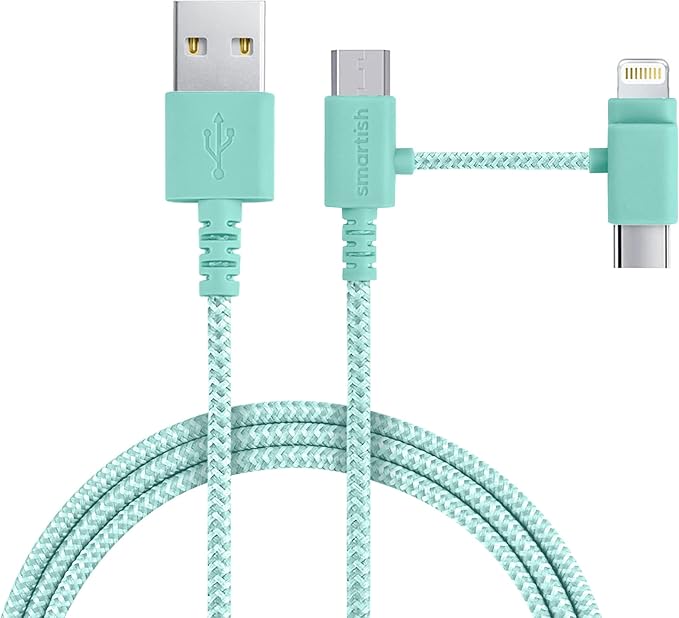 Smartish USB-C/Lightning Cable for iPhone 16/15/14 - Crown Joule - 6Foot Universal Fast Fabric Wrapped Charging Cable w/Micro-USB - Apple MFi Certified for iPhone 13/12/SE/iPad/AirPods/Android - Green