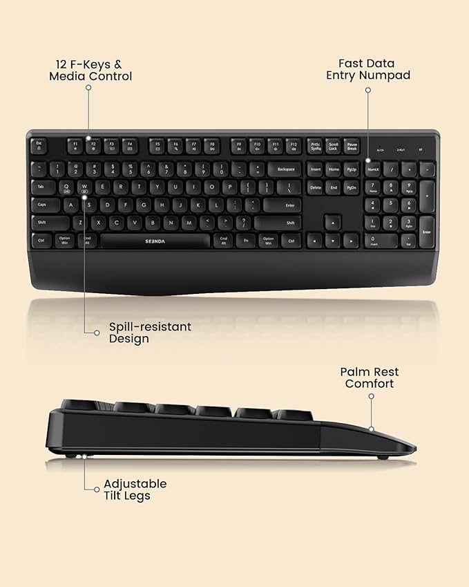 seenda Bluetooth Keyboard and Mouse, COE200 USB + Bluetooth Multi Device, Ergonomic Keyboard Mouse Set, Full-Size Wireless Combo Compatible for Mac OS/Windows PCs Computers Laptops MacBooks - Black