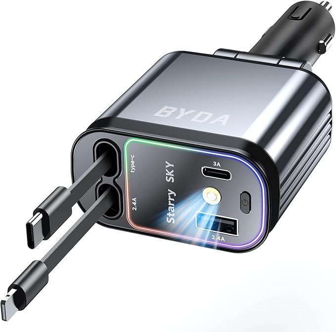 4 in 1 Retractable Car Charger for iPhone,69W USB-C Fast Car Charger with Starry Light, for Car Charger Adapter iPhone16/15/14/13/12,Android,Pixel,Cigarette Lighter Adapter(ForLightning+USB-C)