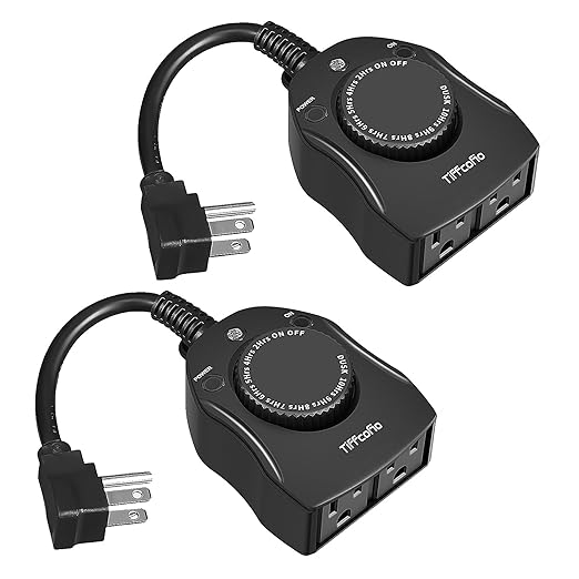 TiFFCOFiO Outdoor Christmas Light Timer, Dusk to Dawn Sensor Countdown, Outdoor Timers for Electrical Outlets Waterproof, 2 Grounded Outlets for Christmas Lights, 15A 1/2HP, CSA Listed (2 Pack)