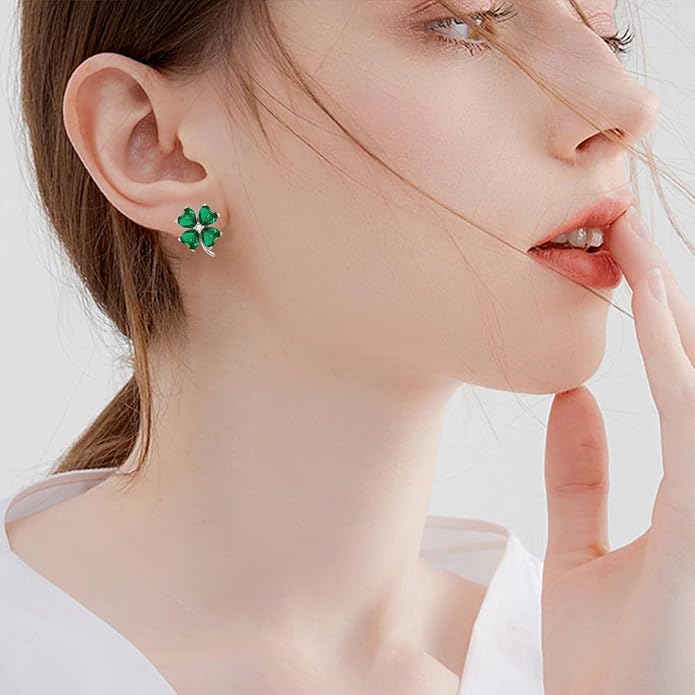 VONSSY Four Leaf Clover Necklace Earrings Shamrock Irish ST Patricks Jewelry Set Gift 18k Gold Plated Green Emerald Zircon Diamond Crystal Lucky Saint Pendant for Woman Wife Girlfriend Mom