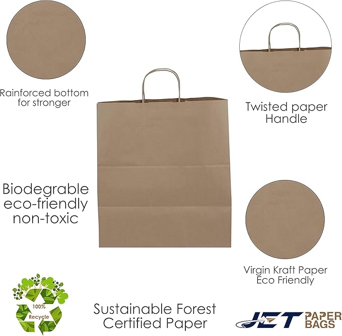 JET PAPER BAGS - 14”x9”x16” Inch [50 Pcs] Large Brown Paper Bags with Handles Prime for Takeout, Grocery, Goody, Retail, Party, Gifts, Weddings