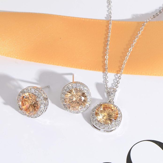 Bridal Crystal Jewelry Set - Sterling Silver Round Cubic Zirconia CZ Rhinestone Halo Birthstone Pendant Necklace Stud Earrings Set for Wedding Bride Bridesmaids Birthday Gift