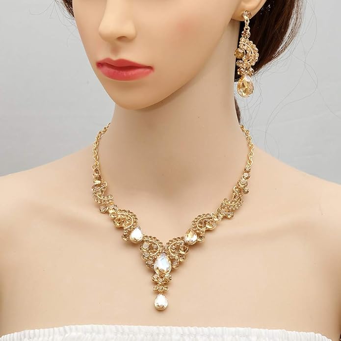 CSY Elegant Crystal Necklace Earrings Bracelet Ring Bridal Wedding Party Costume Jewelry Sets for Brides Women