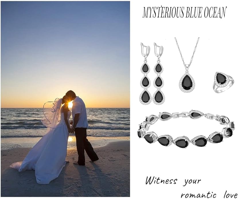 LMXXVJ Necklace Long Earrings Bracelet Set, White Gold Plated Created Blue Sapphire Jewelry Set Wedding Party Gift Jewelry for Women Bridal Bridesmaid