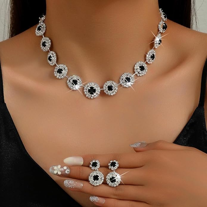 Unicra Bridal Wedding Jewelry Set Silver Rhinestone Necklace Earrings Sets Formal Costume Jewelry for Women and Brides