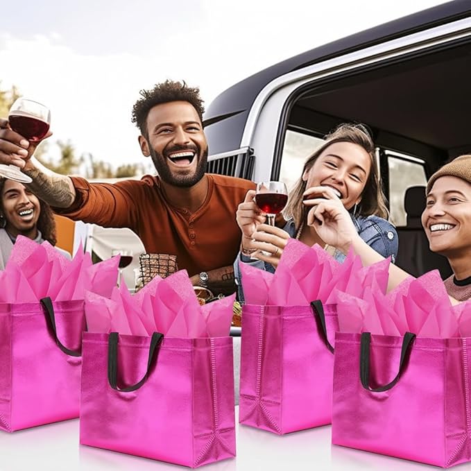 KeerxunBag 12Pcs Reusable Gift Bags（Includes Tissue Paper） Gift bag with handle Birthdays Parties Holidays Weddings Medium 13x5x11in Magenta gift Bags