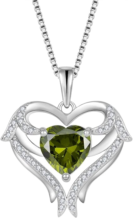FJ Heart Angel Wings Pendant Necklace 925 Sterling Silver Birthstone Jewelry Gifts for Women