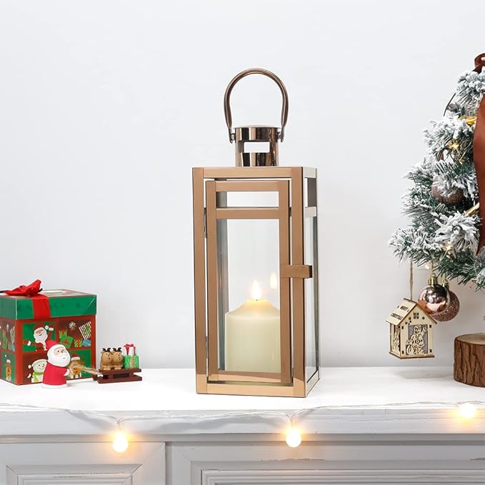 TRIROCKS Set of 2 Stainless Steel Decorative Lantern 12'' High Metal Candle Holder with Clear Glass Panels Perfect for Home Decor Living Room Parties Events Tabletop Indoors Outdoors (Rose Gold)