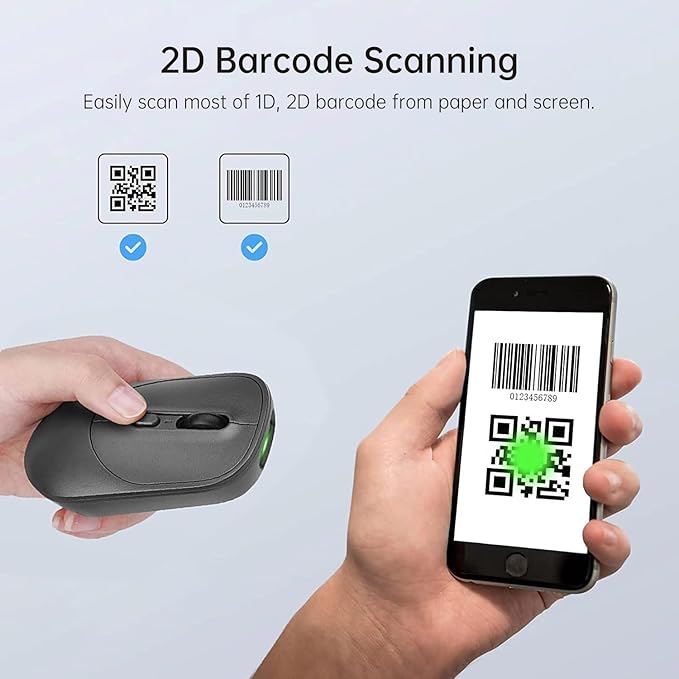 New Wireless Mouse Barcode Scanner, 2-in-1 Design 2D Handheld Barcode Scanner with Wireless Mouse Functions for POS System,Store,Supermarket, Warehouse.(Black)