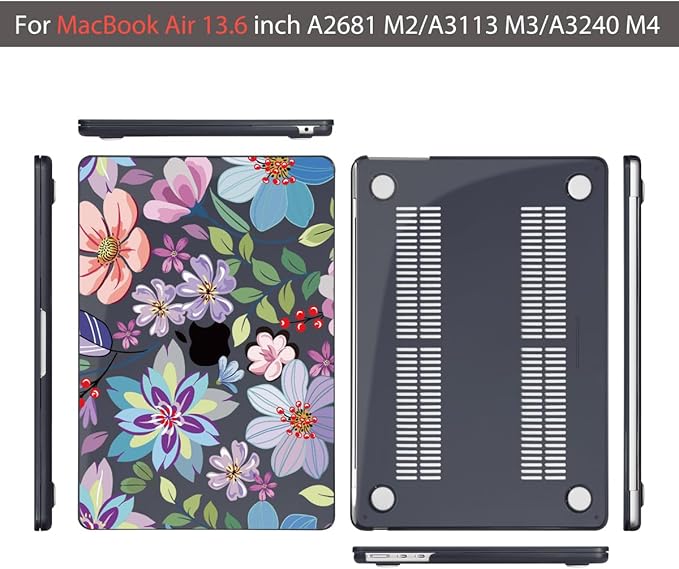 Teryeefi for MacBook Air 13.6 inch Case M4 M3 M2 2024-2022 Release Model A3240 A3113 A2681, Protective Plastic Hard Shell Cover for MacBook Air M2 M3 M4 13 inch, Pretty Flowers Black-104