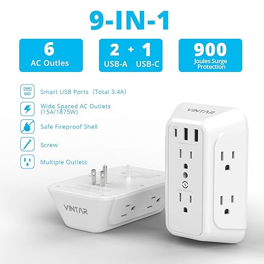 [2-Pack] USB Wall Charger,Surge Protector,6 Outlet Extender with 3 USB Charging Ports(1 USB C Outlet,3.4A) 900J Power Strip Multi Plug Outlets,Wall Mount Power Strip for Home Travel Office ETL Listed
