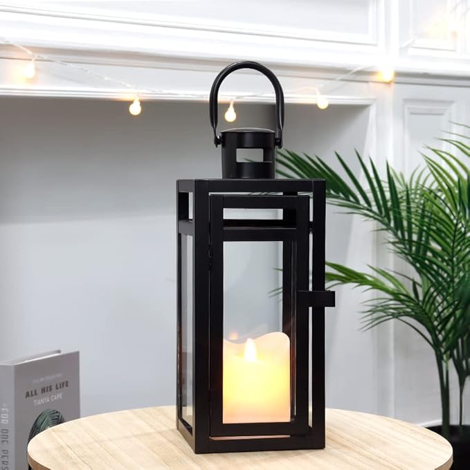 TRIROCKS Metal Candle Lantern 12'' High Decorative Outdoor Lantern Hanging Lantern with Tempered Glass for Christmas Home Decor Living Room Parties Events Tabletop Indoors Outdoors (Black Matte)