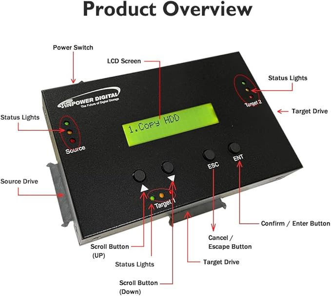 Vinpower 1 to 2 SATA 2.5" & 3.5" Hard Disk Drive/Solid State Drive (HDD/SSD) Clone Duplicator and DOD Level Eraser