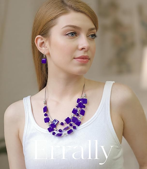 Layered Beaded Statement Necklaces for Women Square Shell Bead Collar Necklace and Earring Set Birthday Gifts Boho Jewelry Sets for Women