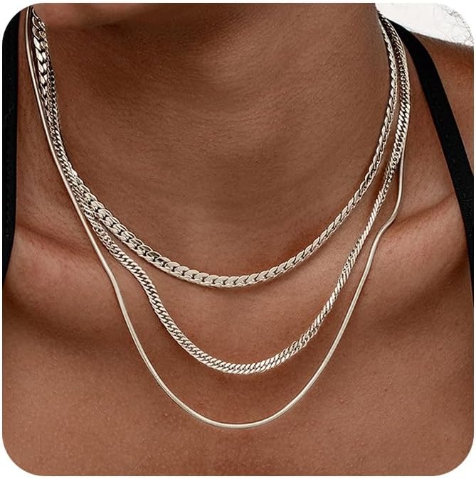 3PCS Gold Necklaces for Women,Chunky Statement Gold Plated Necklace Stack Layered Sterling Silver Herringbone Chains for Women Dainty Trendy Silver Chains Stacked Jewelry Gifts