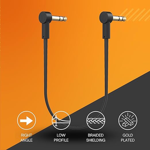 Rock Stock 1/4" Stereo TRS Flat Patch Cables - 6" Ultra-Thin, Right Angle, Low Profile, Gold Plated, Braided Shielding - Maximize Pedalboard Space, Eliminate Noise, Connect Guitar Effects Pedals