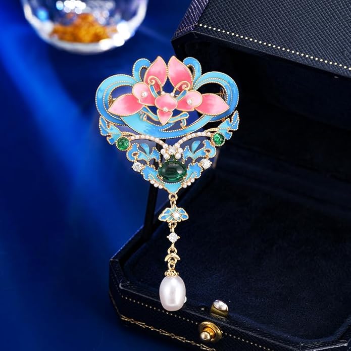 14K Gold Handmade Enamel Water Lily Brooch, Freshwater Pearl Pendant, Elegant Design for Cheongsam, Coats and Chinese Style Outfits