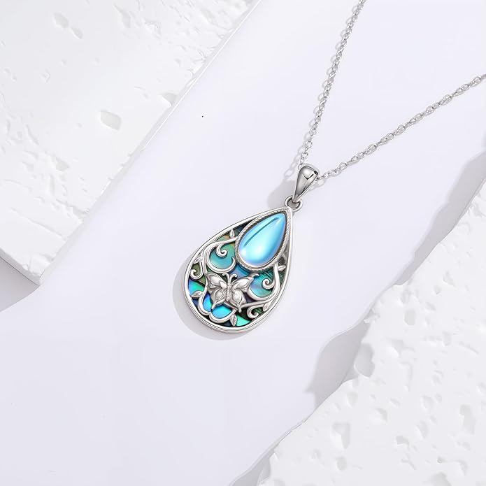 Black Onyx Necklace 925 Sterling Silver Flower Insect Pendant Teardrop Onyx Jewelry Valentines Day Birthday Gifts for Women