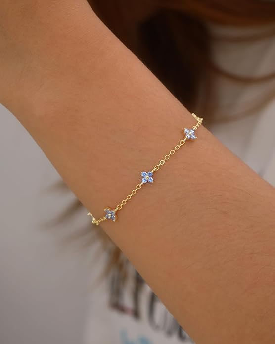 JSJOY Birthstone Bracelets for Women, 14K Gold Bracelets for Women Mom Gifts Birthday Valentines Day Gifts for Gf Dainty Flower Gift for Her Birthstone Bracelet Mothers Day Gift