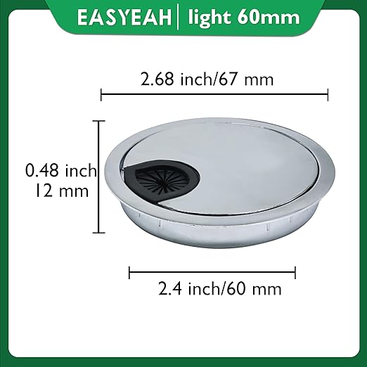 1 Pcs Desk Grommet 2-3/8" / 60 mm, Desk Cord Hole Cover, Cable Grommet Metal Zinc Alloy Materilal, Desk Hole Grommet for Home & Office Pc, Detachable Cable Cord Organizer-Bright Silver